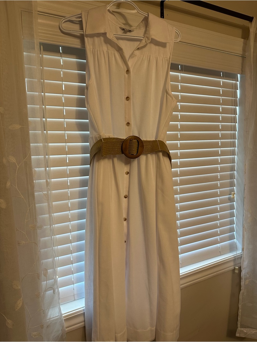 Reitmans White Sleeveless Button-Front Midi Dress with Tan Belt